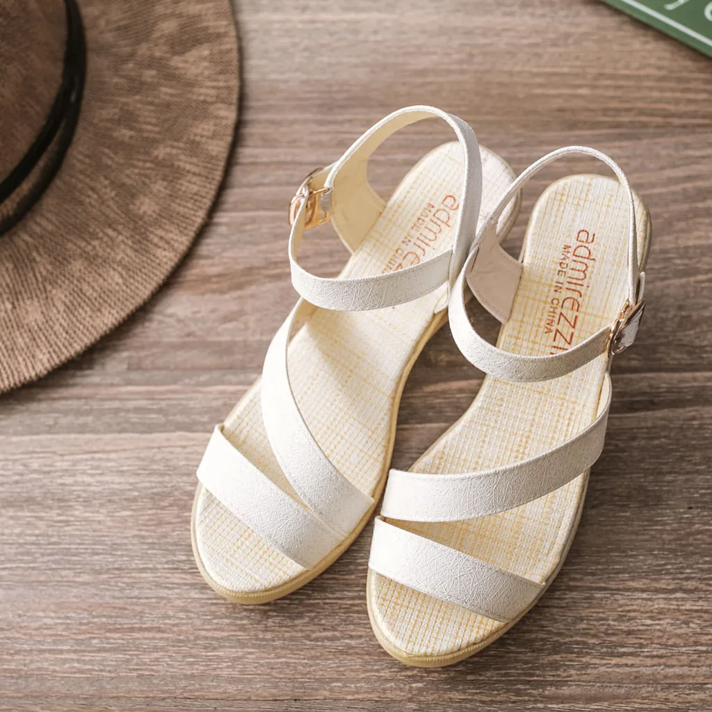 

Women Belt Buckle High Heel Shoes Fashion Fish Mouth Sandals Casual Wedges Shoes