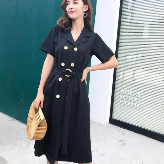 Summer Notched Long Shirt Dress 2020 Women Sashes Double Breasted Short Sleeve Female Lace-up Slim Waist Vestidos AQ300 | Женская одежда