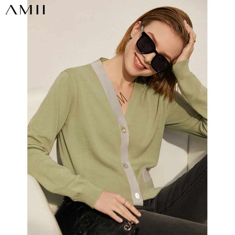 

Amii Minimalism Spring New Offical Lady Women's Sweater Tops Causal Vneck Patchwork Single-breasted Cardigans For Women 12140300