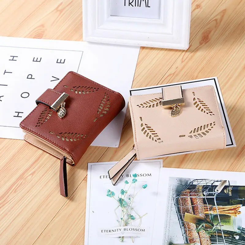 

Women Fashion Portable Wallet Cute Small Leather Zipper Coins Purses New Design Leaf Print Belt Pendant Wallet