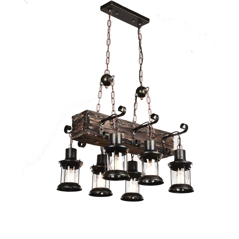 E27 Wood Retro Chandelier Industrial Decorative Over Dinning Table Pendant Lamp Restaurant Loft Cafe Bar Chain Hanging Lighting