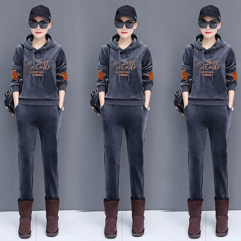 Женский бархатный спортивный костюм теплый пуловер с вышивкой Толстовка и штаны