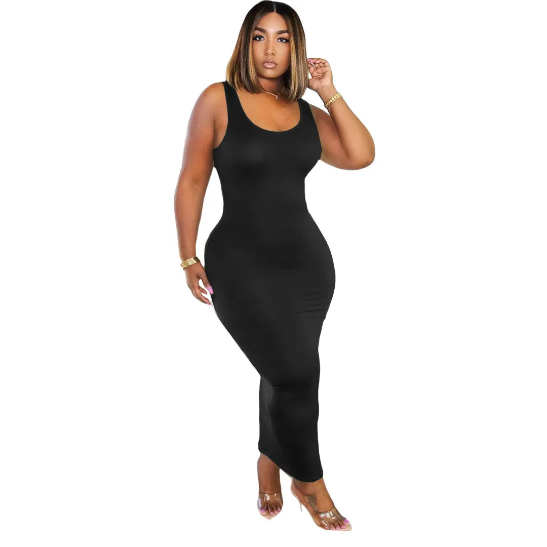

Vintage Solid Color Dresses for Women Scoop Neck Sleeveless Tank Dresses High Waist Push Up Pencil Vestido Slim Fit Maxi Dresses