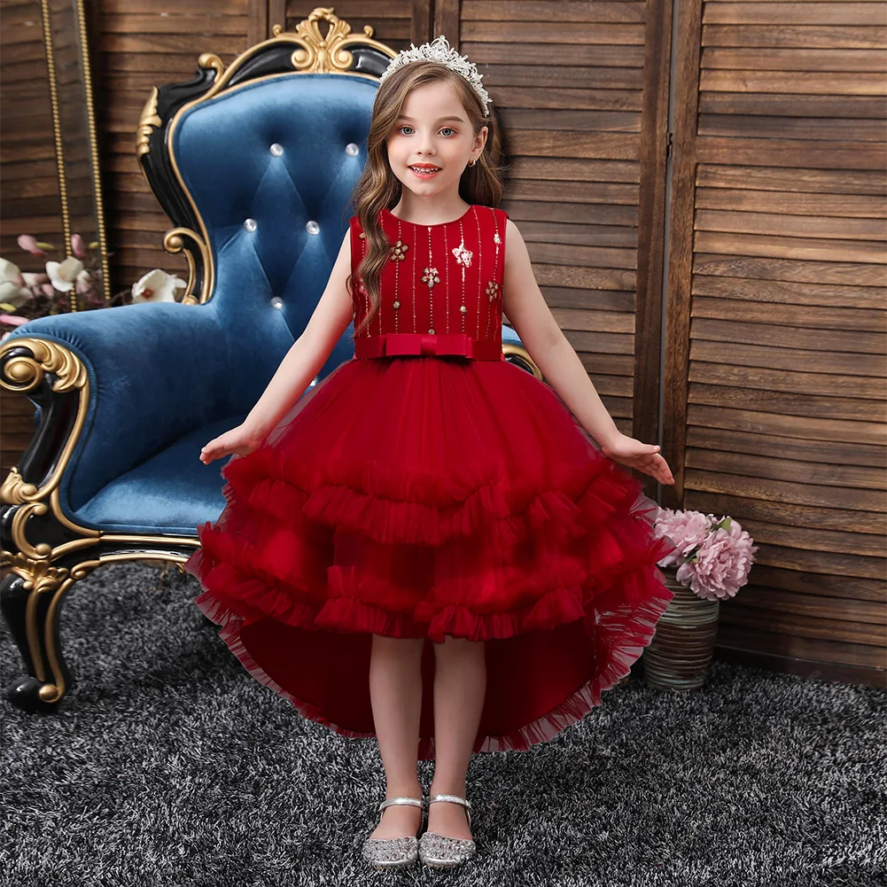 

New Children's Evening Dress Girls' Model Catwalk Tailed Dress Women's Casual Dress Kids Clothes