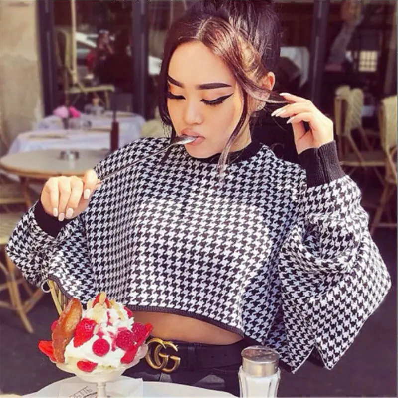 

Autumn Women's Casual Hoodies Houndstooth Unisex Hip-hop Long Sleeve Sweatshirt Ladies Crop Tops Hooded Tops Jumper Pullover