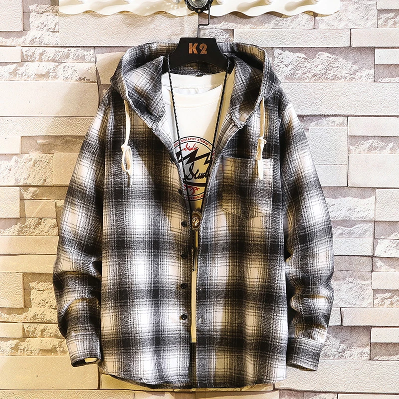 

Casual Brand With Hooded Plaid Men' Fleece Shirts Long Sleeves New Spring Autumn Shirt OverSize M-6XL