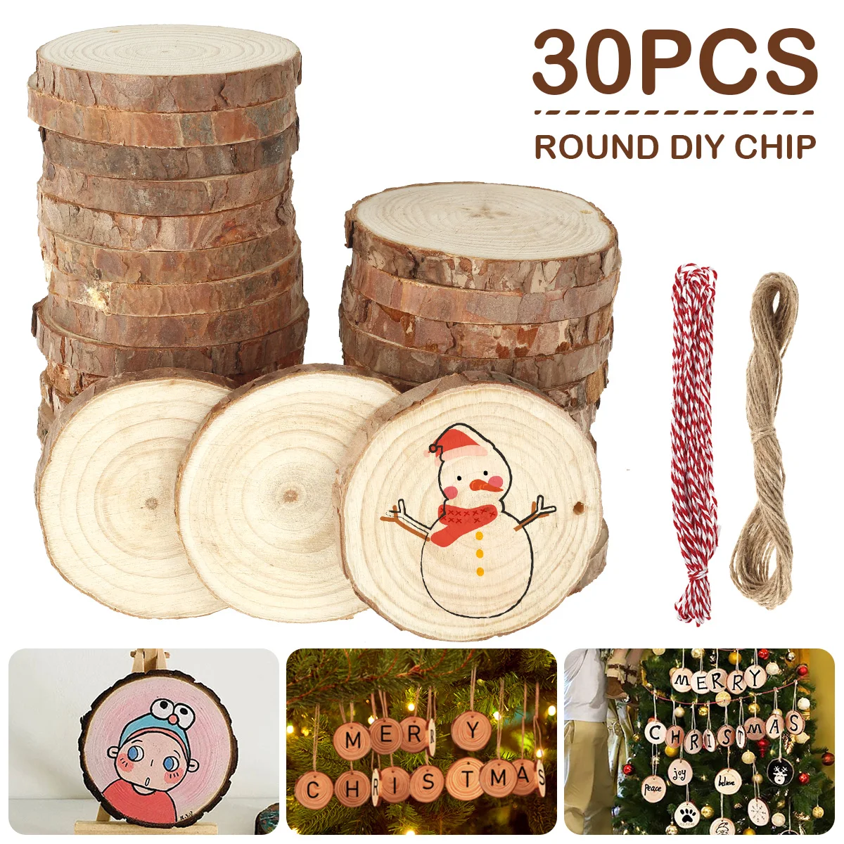 

30pcs Natural Pine Wood Slices Unfinished Wooden Log Kit Predrilled Wood Chip with Rope Circles Arts Painting DIY Crafts Decor
