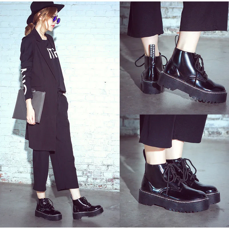 Women's Flat Platform Ankle Boots Autumn Patent Leather Boot Black Lace Up Creepers Shoes Fashion Party Footwear Drop Shipping