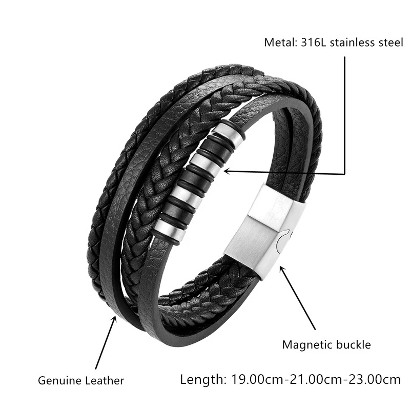 

Simple Personality Stainless Steel Bracelet Multi-layer Black Leather Woven Bracelet Boys Daily Bracelet Hand Jewelry