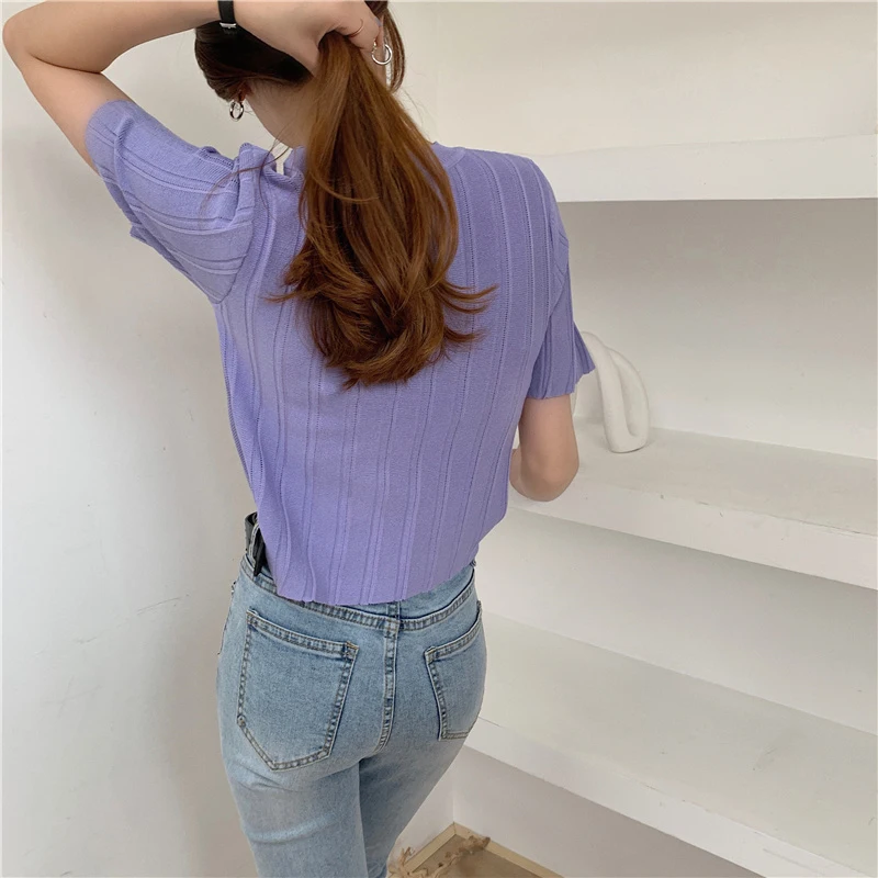 

LJSXLS Korean Pullover Ribbed Knitted Sweater Thin 2021 Summer Clothes Women O Neck Short Sleeve Basic Woman Sweaters Crop Tops
