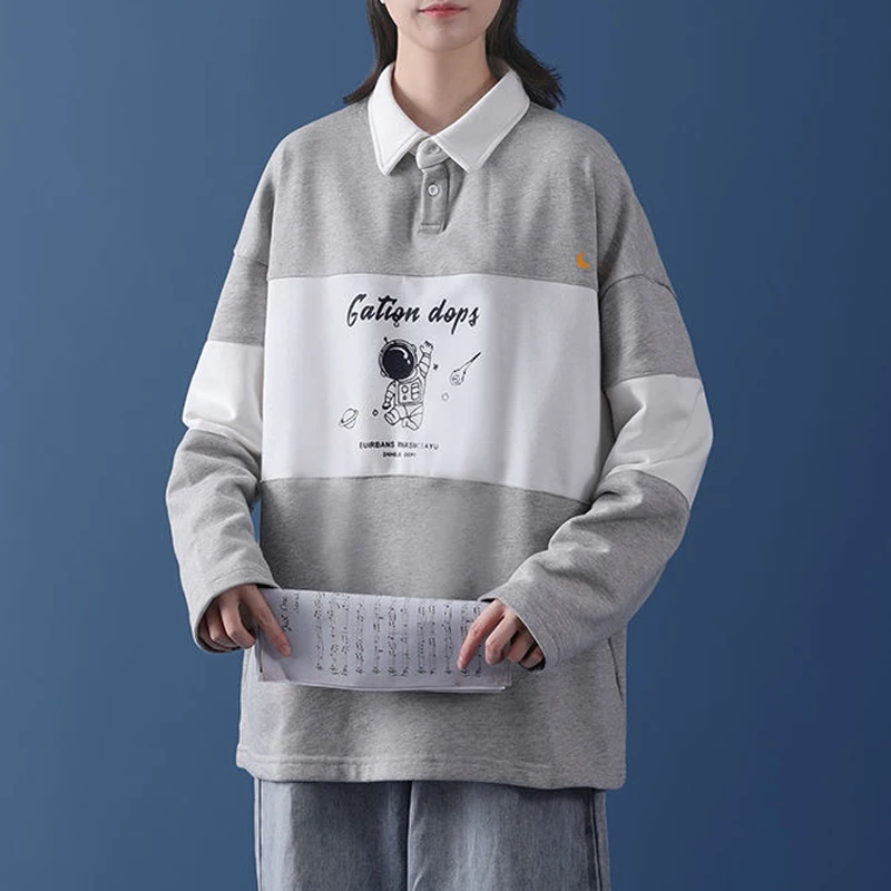 

Winter Vintage Polo Collar Loose Harajuku Hoodie Top Long Sleeve Teens Oversized Hoodies Women Print Astronaut Sweatshirt Trendy
