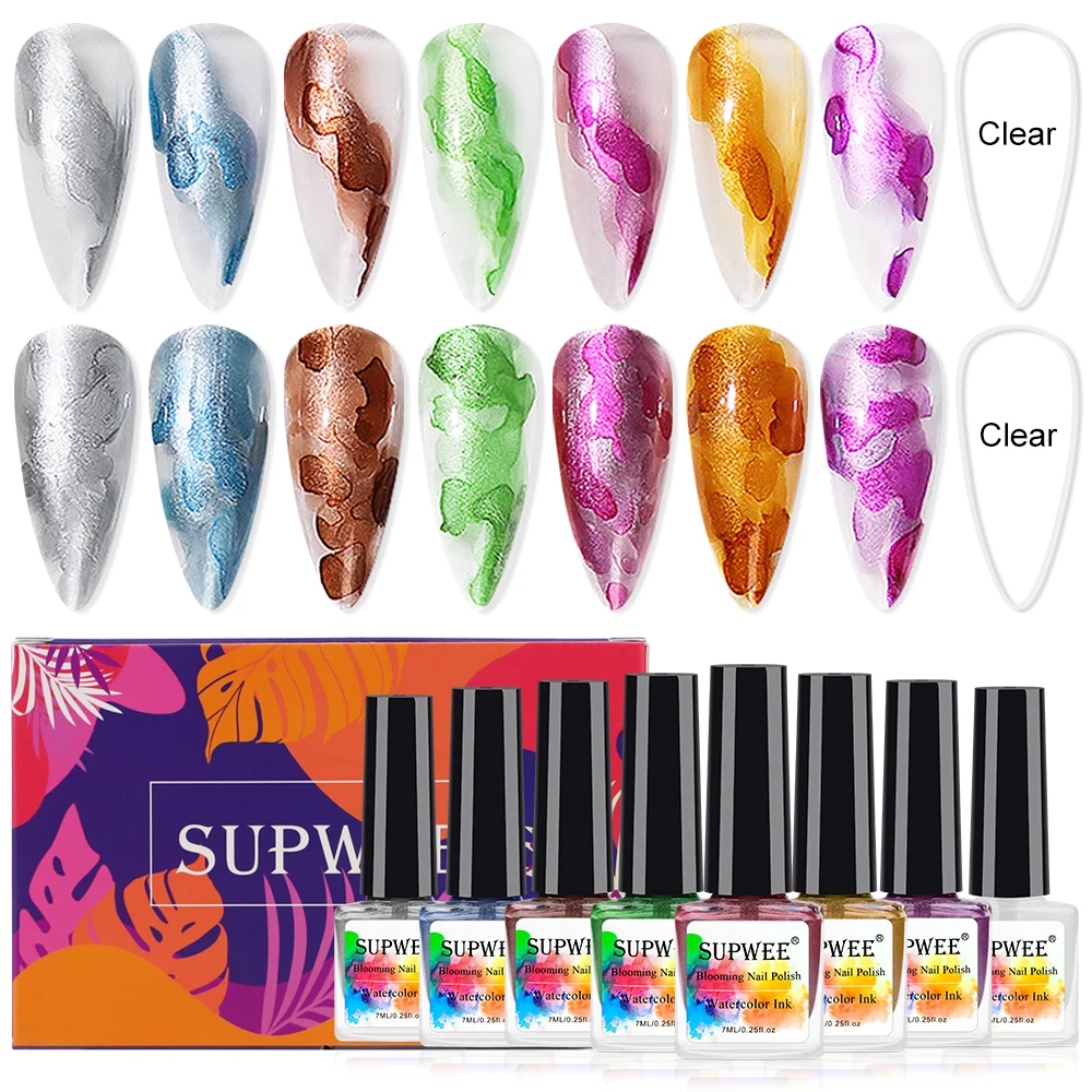 

SUPWEE 8PCS/set Blooming Gel Nali Polish Set Metal Watercolor Ink Smoke Effect Gel Semi Permanent Nails Varnish Art With Box