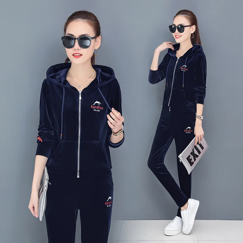 Осенний Бархатный спортивный костюм золотого цвета Женский комплект из двух