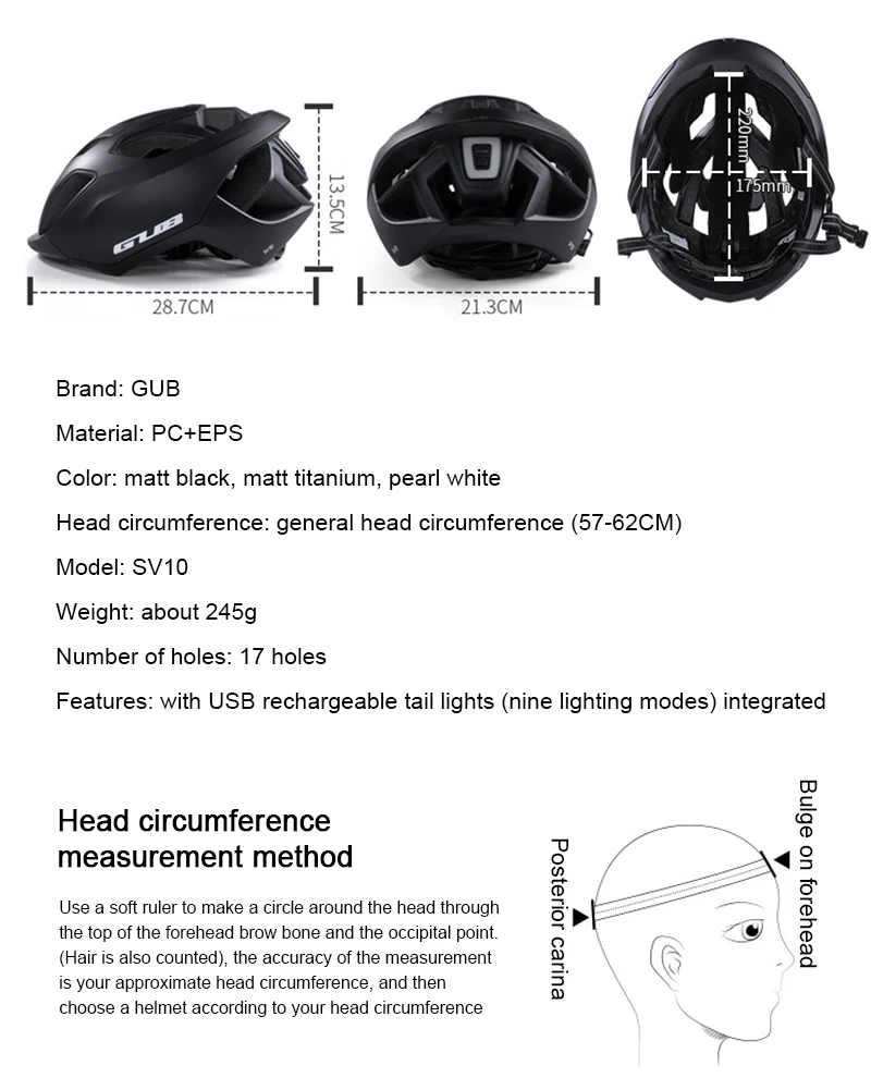 

GUB SV10 New Bicycle Helmet LED Light Rechargeable Intergrally-molded Cycling Helmet Mountain Road Bike Sport Safe Hat Men Women