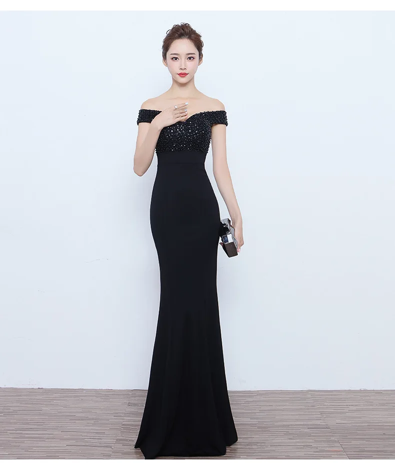 Полиэстер, Vadim, Lanon, вырез лодочкой, бисероплетение, Vestidos De Fiesta, новое боди, длинное платье, сценическое шоу, модельное платье с рыбьим хвостом - Цвет: Black