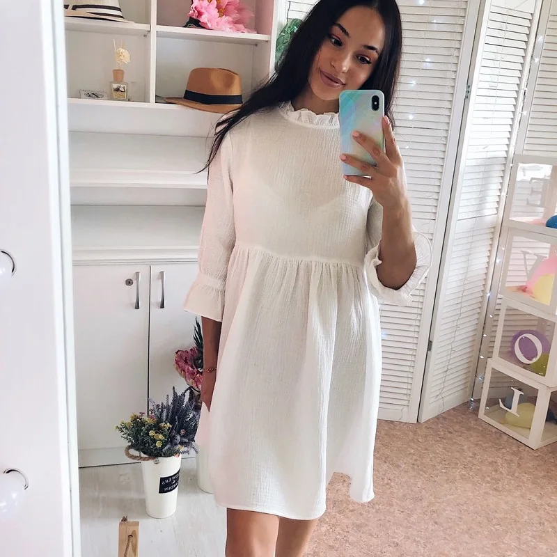 

Summer Dress 2021 Casual Stand Collar Flare Sleeve Ruffles Mini Dress Woman Loose High Waist Sweet Cotton White Holiday Dresses