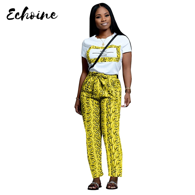 

Echoine 2019 New Arrivals Letters Snake Skin Print Short Sleeve T Shirt Long Casual Pants 2 Two Piece Suits Sporty Tracksuit