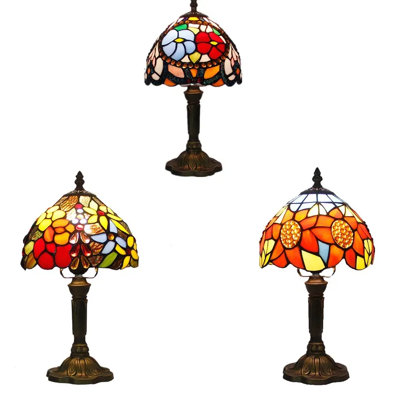Tiffany Table Lamp Color Glass Lamp Shade Resin Base Retro Mediterranean Style Table Lamp Bedroom Dining Room Art Desk Light