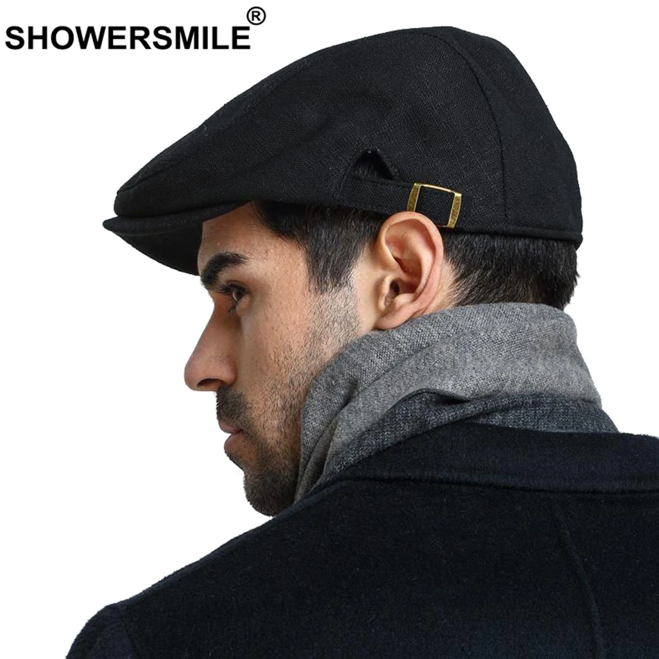 SHOWERSMILE Black Beret Linen Mens Flat Cap Spring Autumn Duckbill Hat Men Vintage Khaki Adjustable British Male Ivy Cabbie Cap