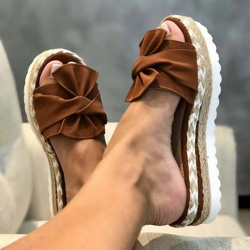 2020 Hot Women Slippers Slides Butterfly Knot Flock Ladies Platform Flats Shoes Woman Sandals Comfortable Casual Fashion Female