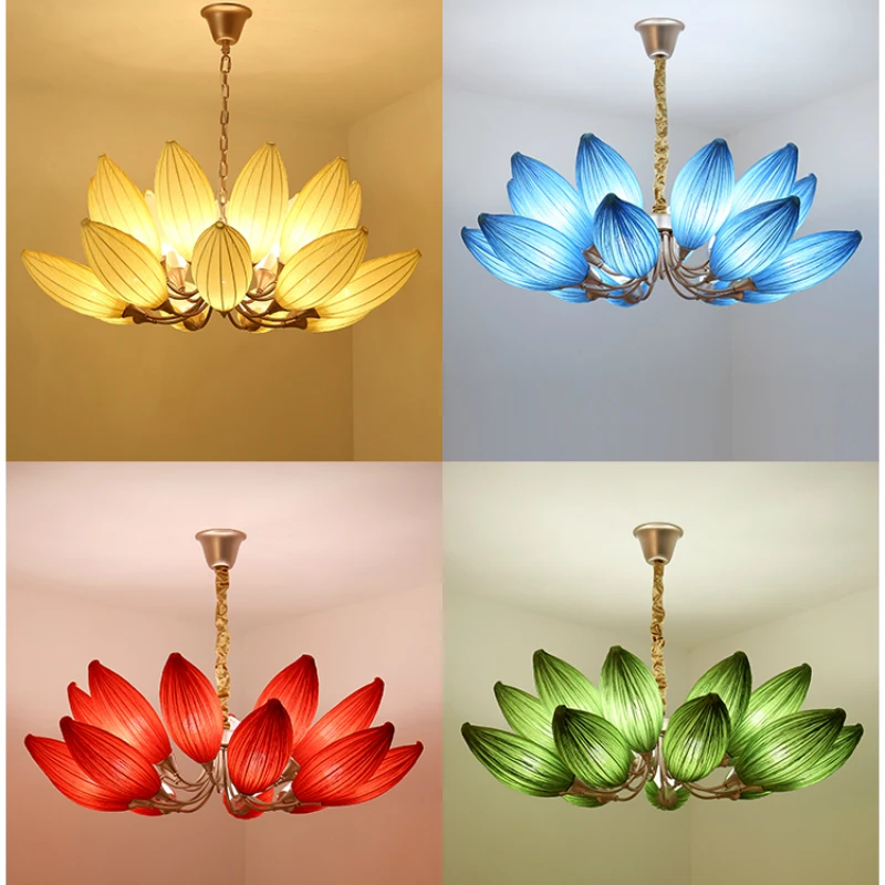 

New Chinese Style Lotus Chandelier Light Luxury Living Room Macaroon Chandelier Personalized Hotel Lobby Fabric Led Chandelier