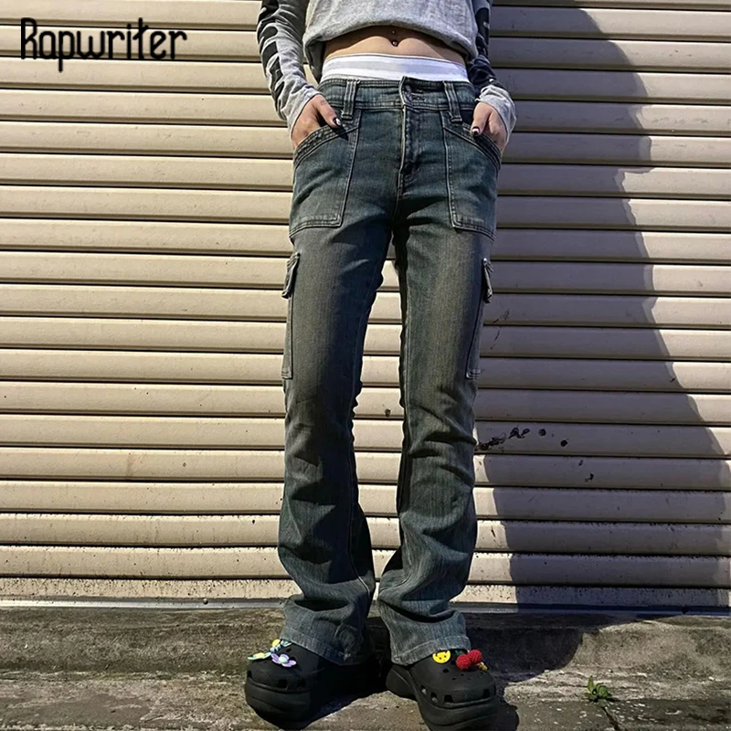 

Джинсы Rapwriter Y2K в стиле ретро, синие брюки-карго с карманами, 2021, повседневные джинсовые брюки с низкой талией, прямые потертые брюки, уличная ...