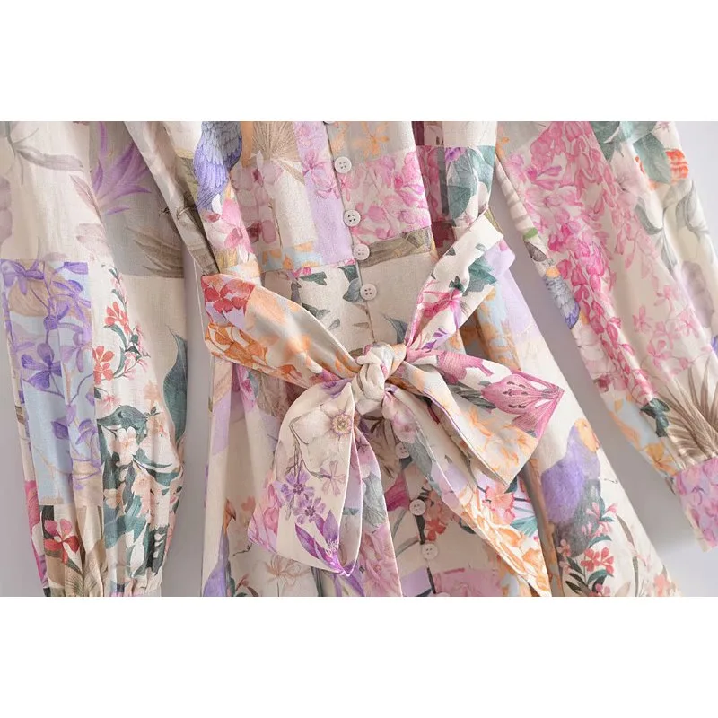 

Bandage Floral Print Dresses Summer 2021 Fashion Stand Collar Button Long Sleeve Elegant Dress For Women Vestidos Robes Femme