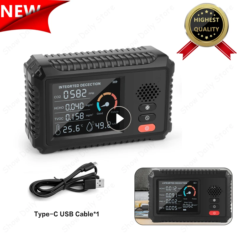

Multifunctional 5-IN-1 Air Quality Monitor Carbon Dioxide Sensor TVOC HCHO PM2.5 PM10 Gas Detector Gas Analyzer For Home Office