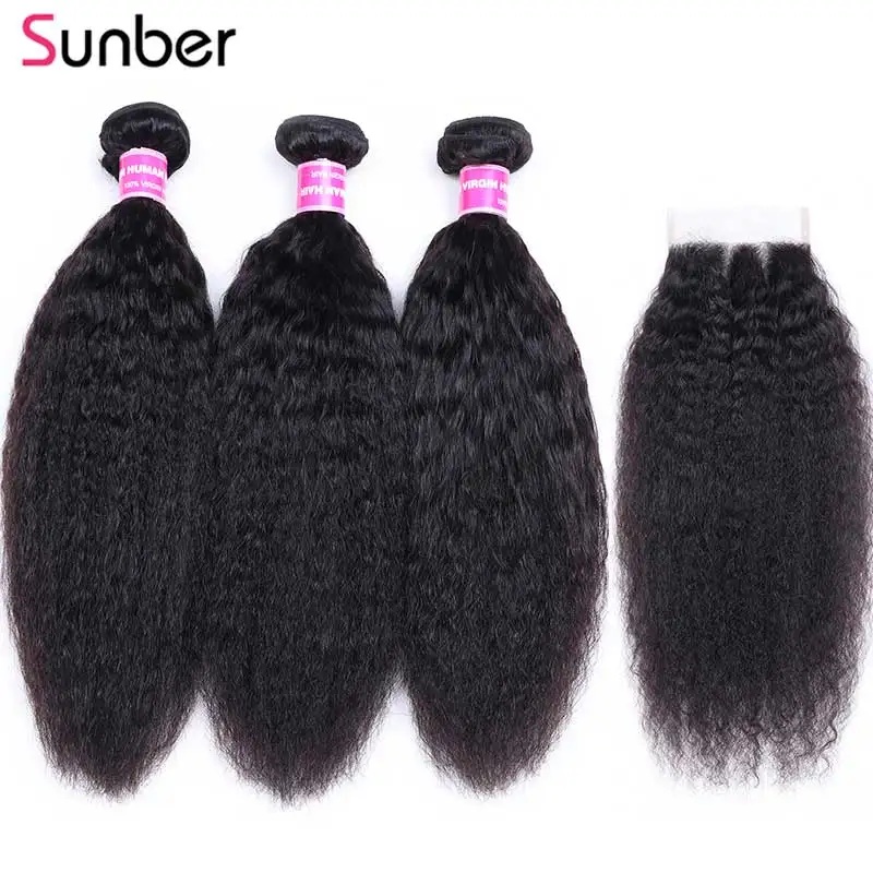 Sunber Hair Kinky прямые перуанские волосы пучки с закрытием 10 26 дюймов Натуральные для