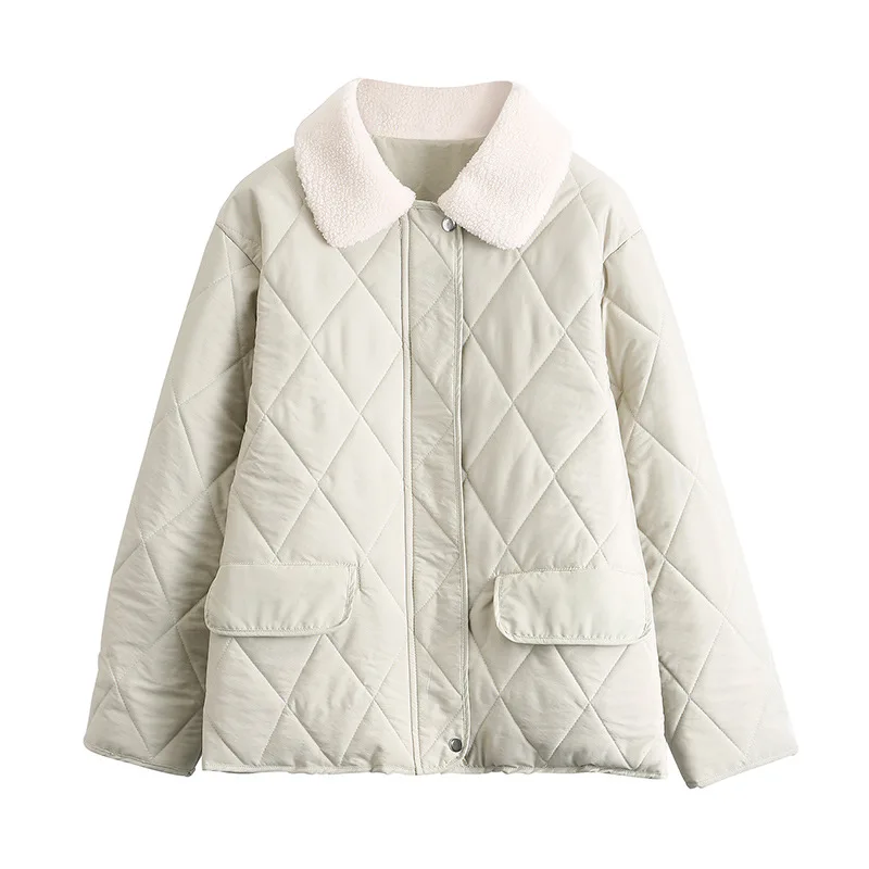 

college of girls wind lambs wool cotton jacket lapel paragraphs short short diamond lattice cotton-padded jacket coat