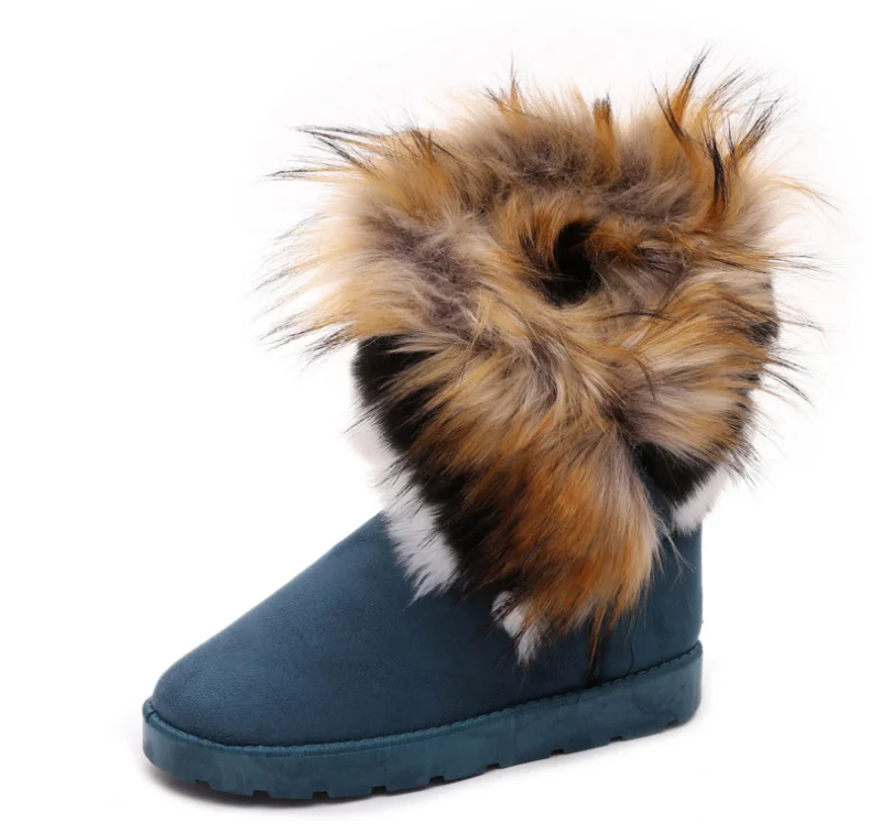 Classic Faux Fox Hair Winter Snow Rain Warm Short fur Boots Women Australian Boots Fashion tube women shoes big size 42 - Цвет: Синий