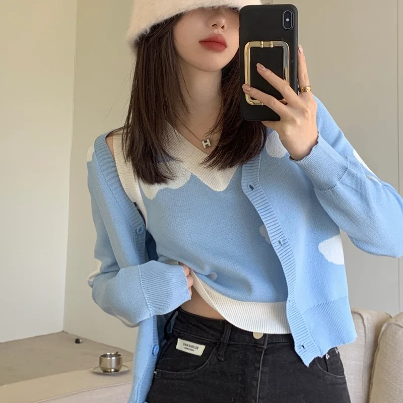 Korejepo Two Piece Set Sweater Women Spring and Antumn 2022 New Contrast Jacquard Short Cardigan Knitted Vest Suits |