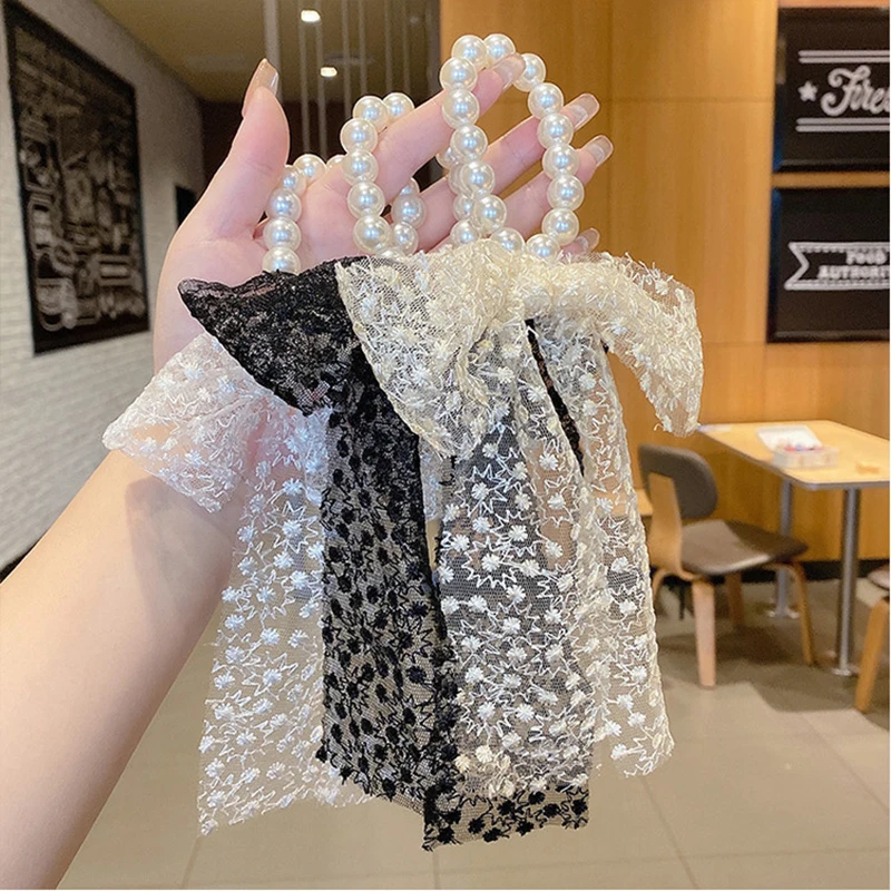 

Lace Pearl Hair Band Bow Ribbon Hair Rope Elegant Hairband Korean Style Ponytail Hair Tie for Women Girls Hair Accessories