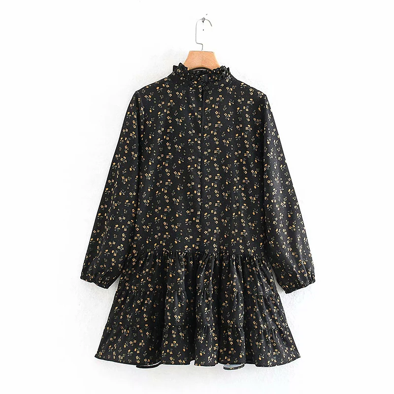 Za 2019 женское платье цветочный принт высокая талия стоячий воротник черное мини