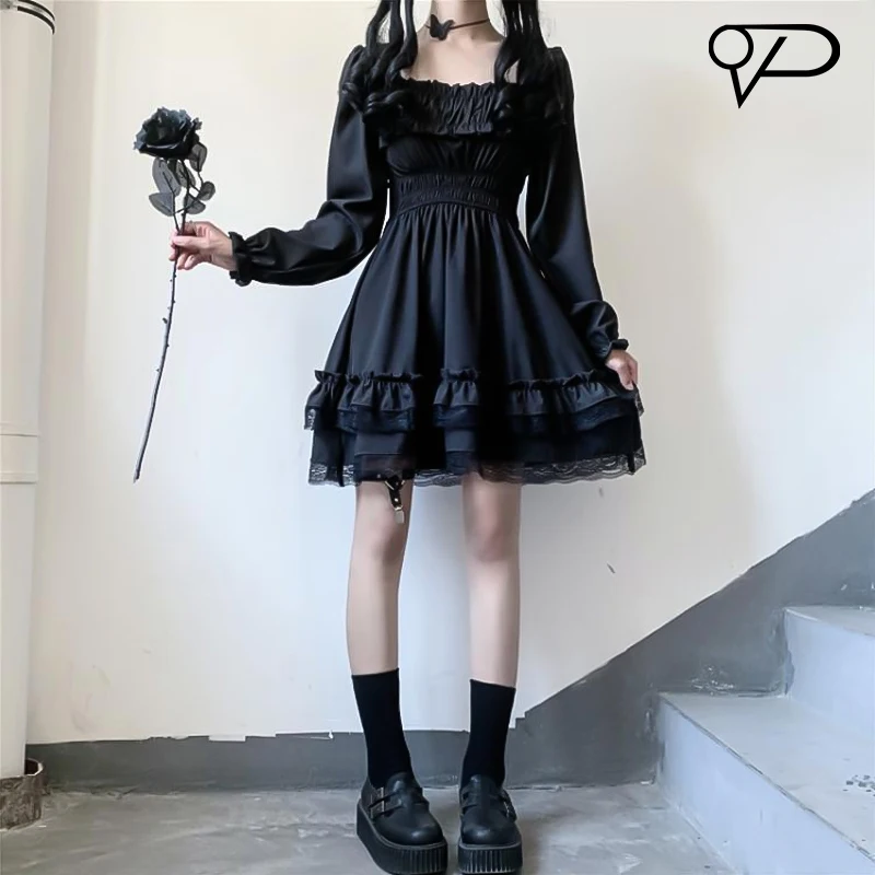 

Women Kawaii Dress Japanese Lolita Style Long Sleeve Midi Dress Black Gothic Puff Sleeve Ruffle Party Dress Punk Cute Skirt New