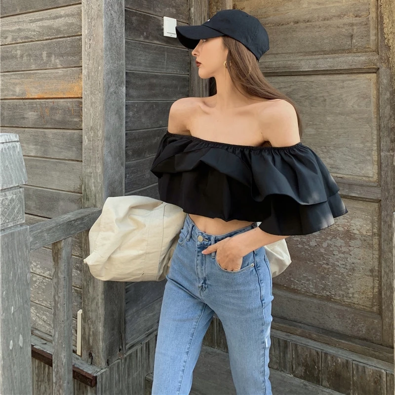 

2021 New Lazy Vacation Style Short Gentle Slimming Pullover off-Shoulder Shoulder-Baring Top T-shirt Shirt Women