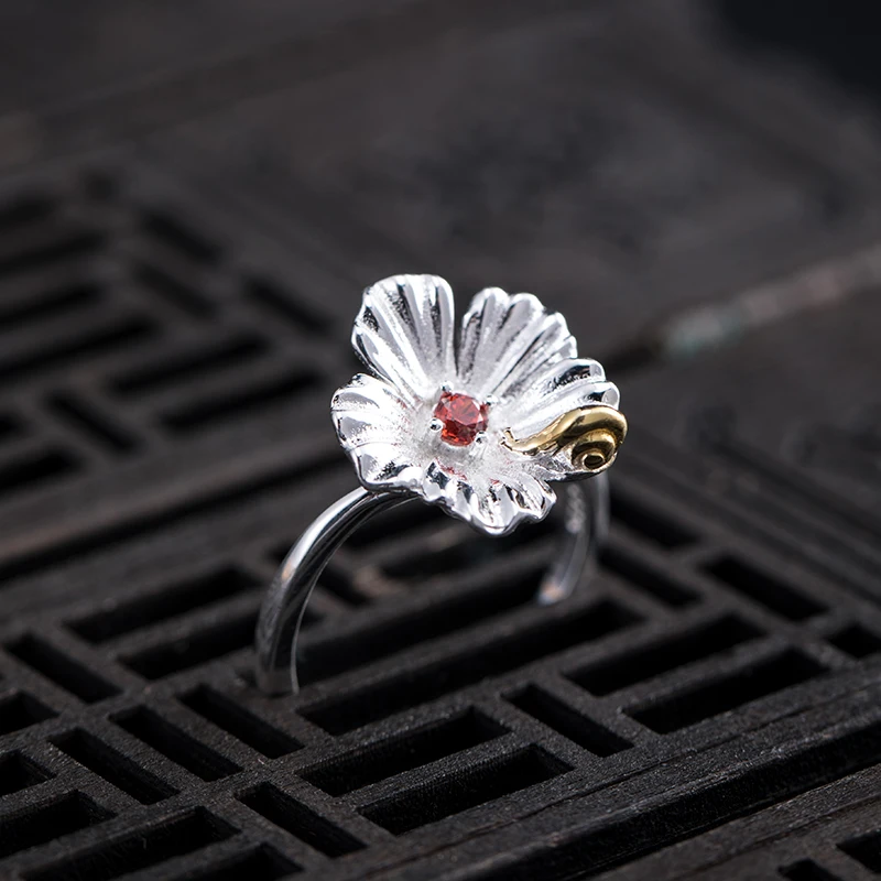 

VLA 925 Sterling Silver Creative Natural National Style Flower Snail Ring Women's Wedding Exquisite Jewelry Ring Adjustable