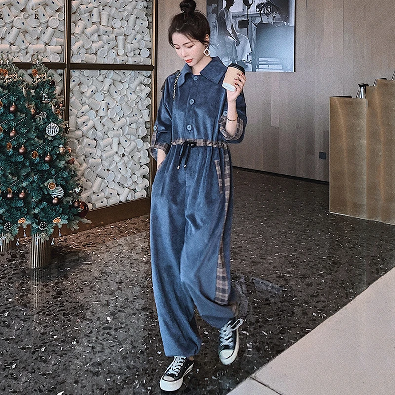 Workwear jumpsuit female 2021 spring new Korean style loose handsome student casual wide leg high waist jumpsuit pants women s44