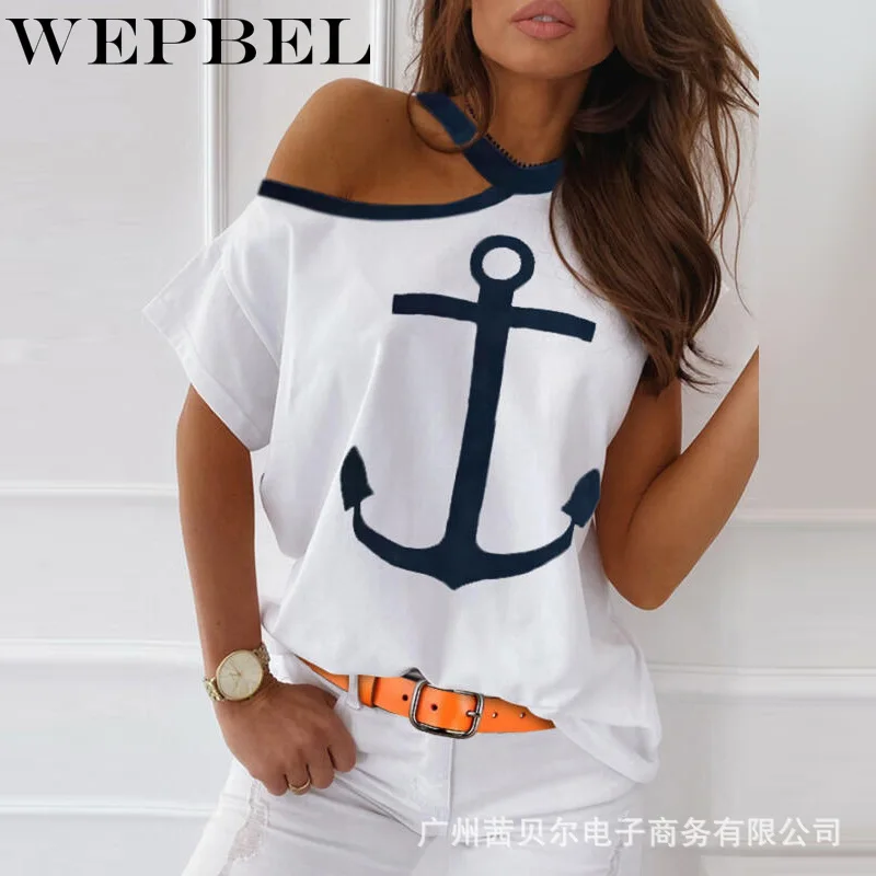 

WEPBEL Women Summer Loose Short Sleeve Shirt Top Casual Ladies Halter Anchor Print Plus Size T-shirt