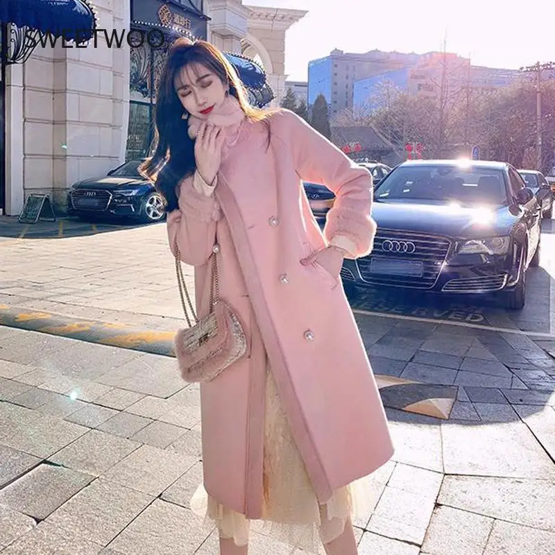 2021 Women Winter Thick Warm Elegant Pink Faux Fur Coats Female Turn Down Collar Fariy Wool Coats Lady Botton Outerwear