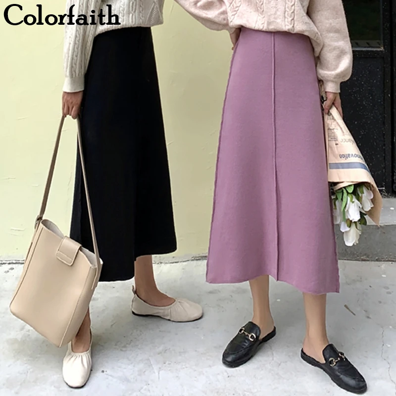 Colorfaith 2019 женские вязаные юбки осень зима миди трапециевидная Повседневная