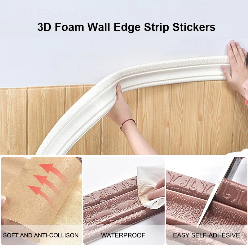

3D Foam Wall Stickers Wall Edge Strip Sticker For Kitchen Self-Adhesive Waterproof Baseboard Corner Waist Line Stickers For home