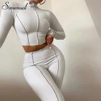 simenual ribbed mock neck crop top and pants tracksuits loungewear casual fitness long sleeve 2 piece outfit women sets fashion