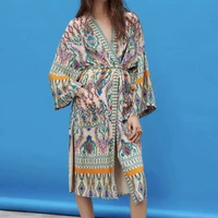 za 2021 women totem wide sleeve shirt kimono coat side slit chic cardigan overdress vintage printed bow tied belt midi outerwear