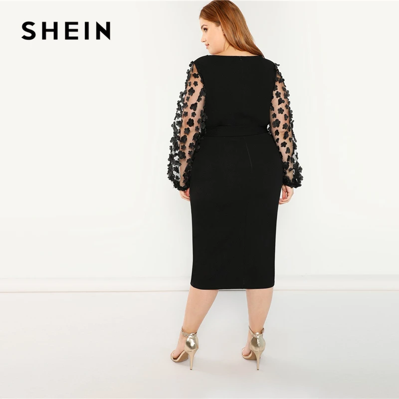 SHEIN Размера Плюс Платье Карандаш С Поясом Сетчатым Рукавом И 3D Вставкой Женские Романтические Элегантные Платья с Высокой Талией