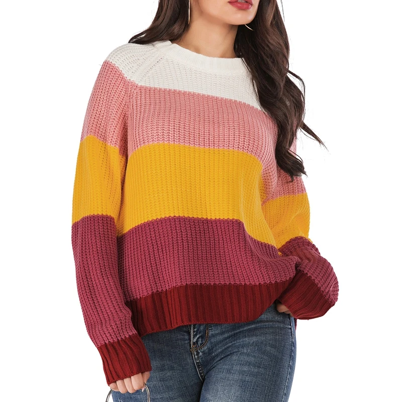 

Striped Contrast Fashion Pullover Women'S Long-Sleeved Round Neck Top Casual Loose Pullover