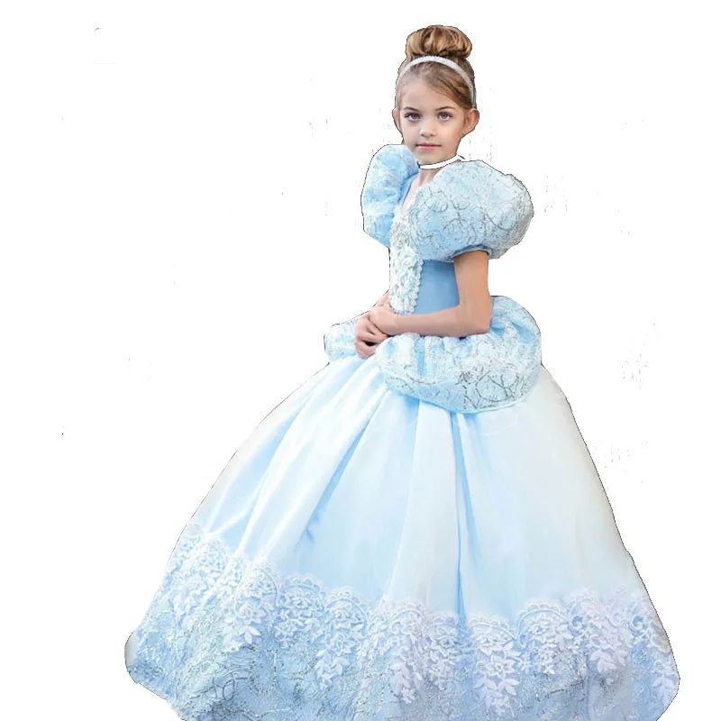 Disney Cinderella Princess Girls Dress Kids Dresses for Girls Christmas Party Dress Summer Puff Sleeve Embroidery Flower Dress