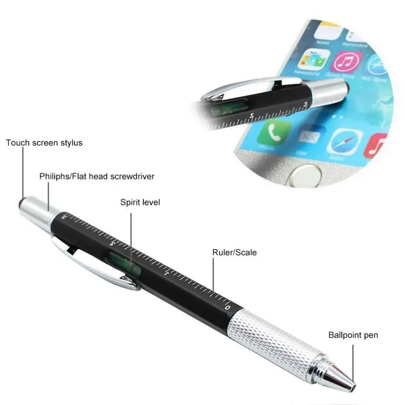 

Six In One Tool Ballpoint Pen Screwdriver Ruler Spirit Level with A Top and Scale Multi-function Metal&Plastic Pen Stationery