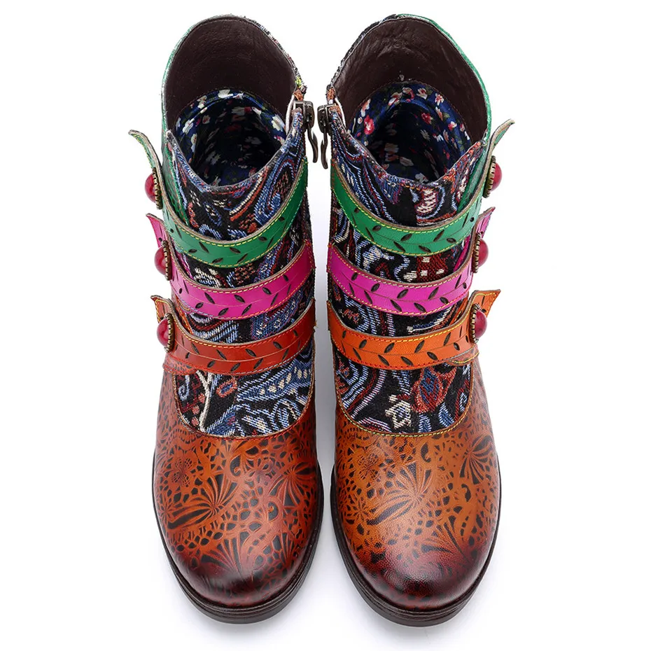 Ботинки женские из натуральной кожи на молнии с принтом квадратном каблуке