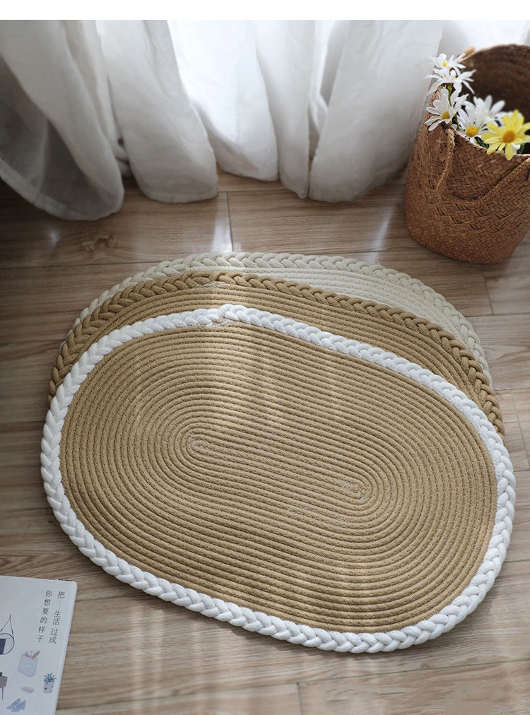 Simple hand-woven mats porch floor door bathroom absorbent pads cream oval | Rug